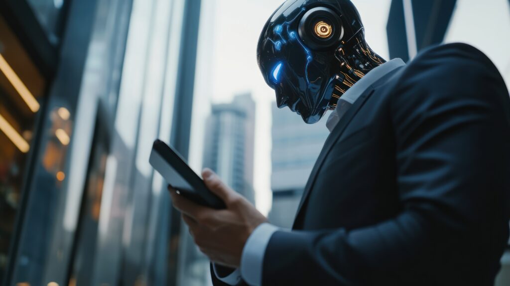 Imagem de um vendedor utilizando ferramentas tecnológicas e gráficos orientados por inteligência artificial para otimizar seus resultados em vendas.