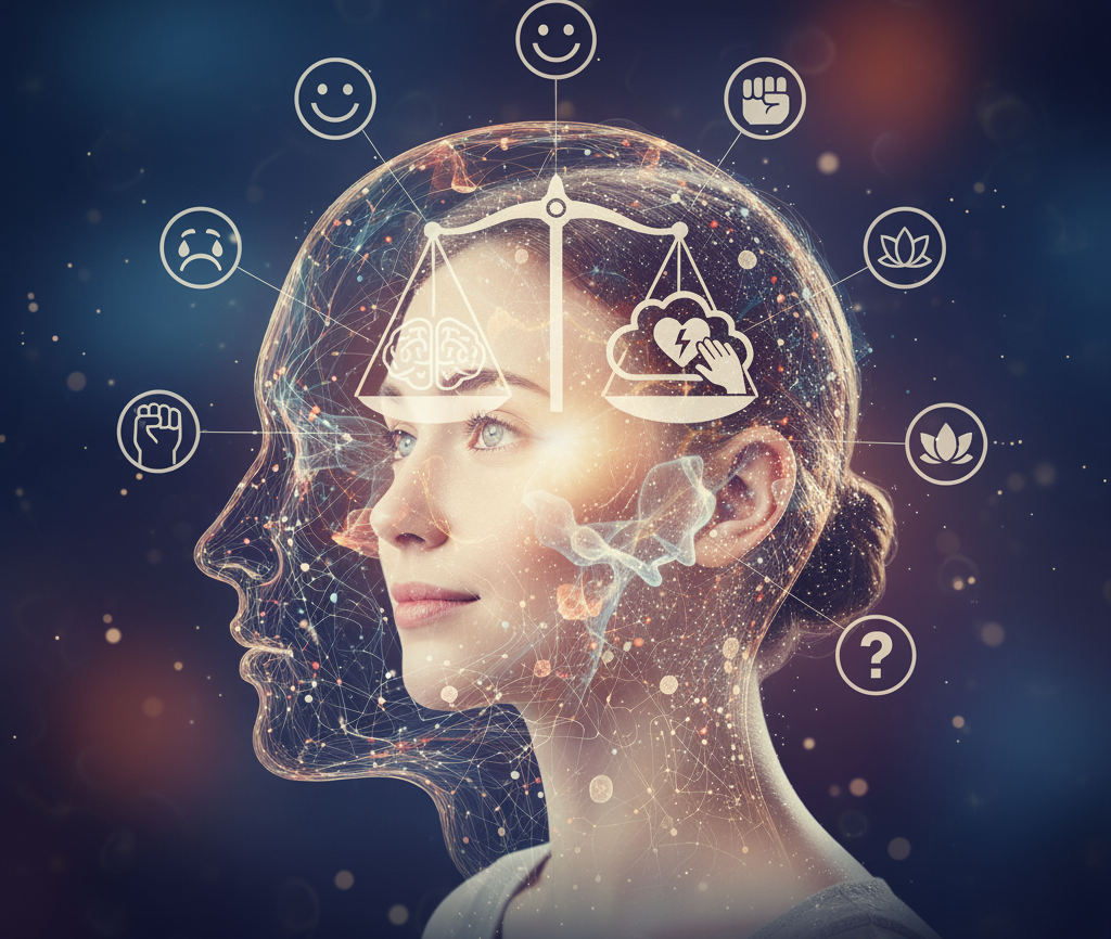 Mulher com cérebro indicando inteligência emocional