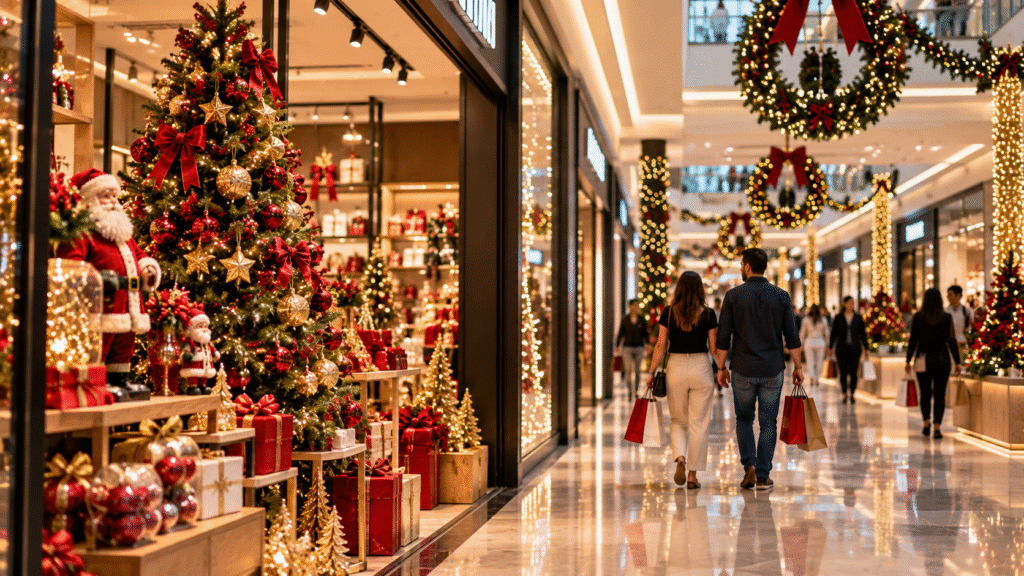 Shopping decorado para o Natal com vitrines iluminadas, árvore natalina e consumidores fazendo compras